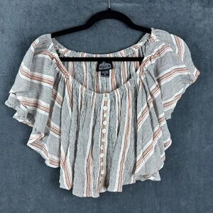 Angie Black, White, and Orange Striped Ruffle Cropped Button up Blouse Sz Medium